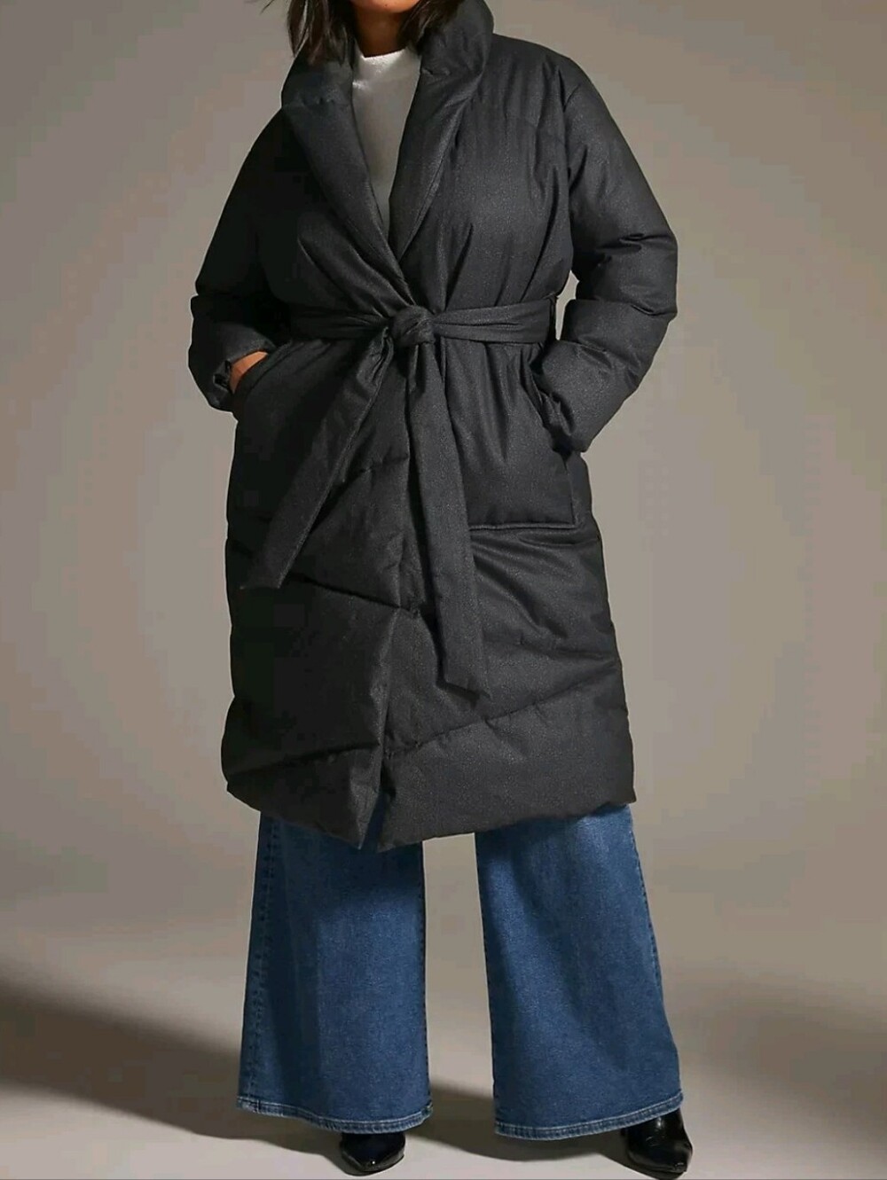 Anthropologie Bernardo Wrap Duvet Puffer Midi Coat 3X Dark Gray Herringbone
